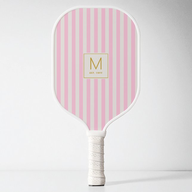 Preppy Pink Stripes Simple Gold Initial Monogram Pickleball Paddle (Preppy Pink Stripes Simple Gold Initial Monogram Pickleball Paddle)