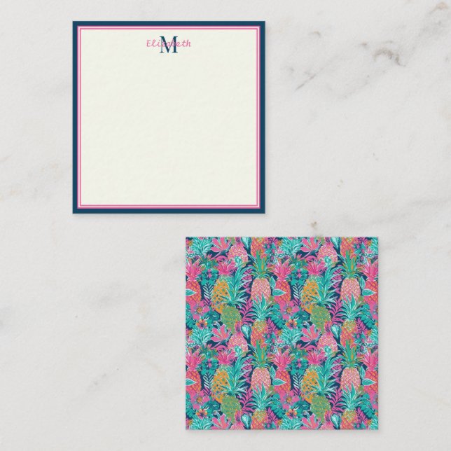 Preppy Pink Teal Navy Blue Pineapple Monogram Card (Front/Back)