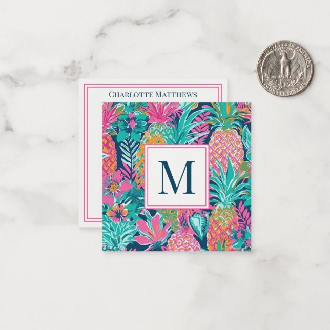 Preppy Pink Teal Navy Blue Pineapple Monogram Card (Front/Back In Situ)