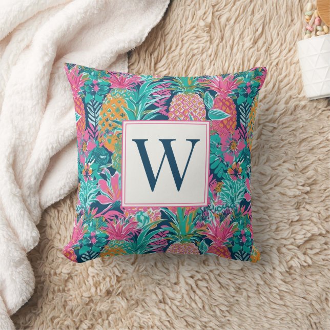 Preppy Pink Teal Navy Blue Pineapple Monogram Cushion (Blanket)