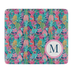 Preppy Pink Teal Navy Blue Pineapple Monogram Cutting Board