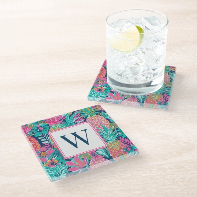 Preppy Pink Teal Navy Blue Pineapple Monogram Glass Coaster (Angled)