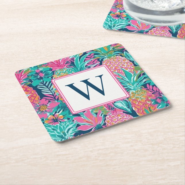 Preppy Pink Teal Navy Blue Pineapple Monogram Square Paper Coaster (Angled)