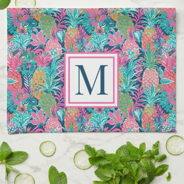 Preppy Pink Teal Navy Blue Pineapple Monogram Tea Towel (Folded)