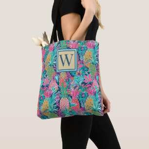 Preppy Pink Teal Navy Blue Pineapple Monogram Tote Bag