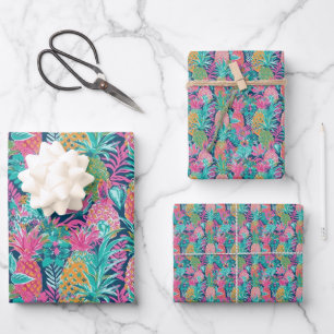 Preppy Pink Teal Navy Blue Pineapples Wrapping Paper Sheet