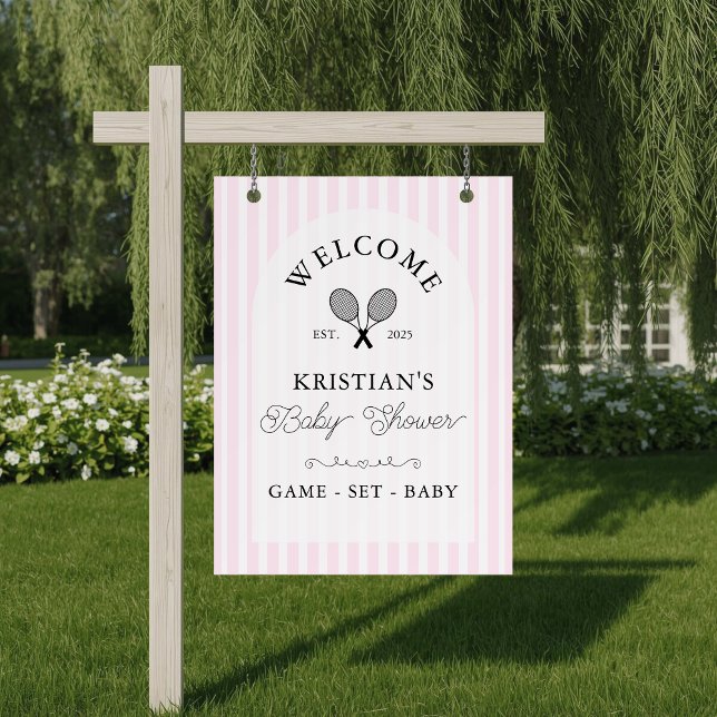 Preppy Pink Tennis Baby Shower Welcome Poster (elegant pink and white striped baby shower welcome sign on arch with chic tennis theme motif)