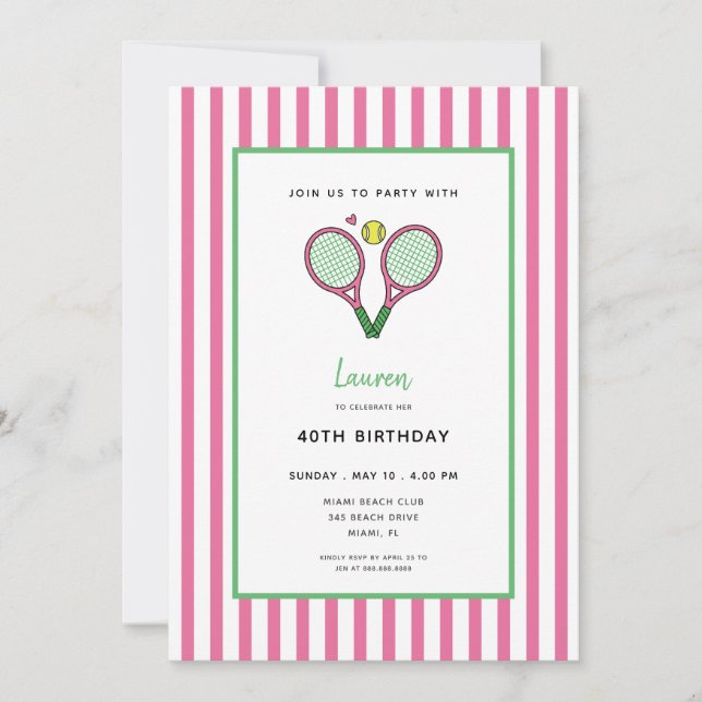 Preppy Pink Tennis Racquet Birthday  Invitation (Front)