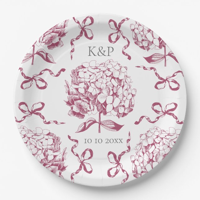 Preppy Pink Toile Hydrangea Bow with Name Paper Plate (Front)