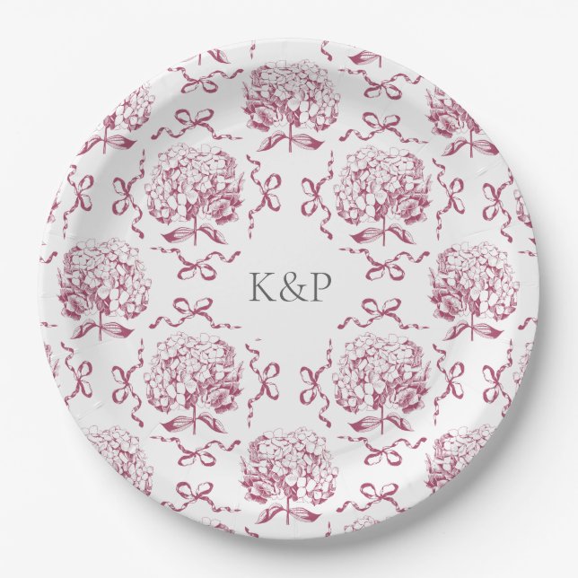 Preppy Pink Toile Hydrangea Bow with Name Paper Plate (Front)