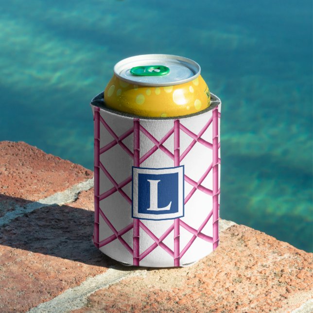 Preppy Pink Trellis Bamboo Pattern Monogram Can Cooler (In Situ Pool)