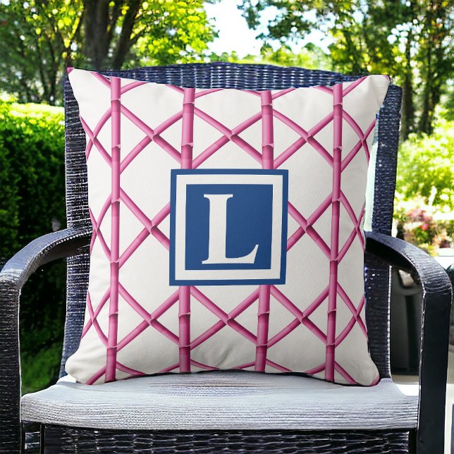 Preppy Pink Trellis Bamboo Pattern Monogram Cushion (Creator Uploaded)
