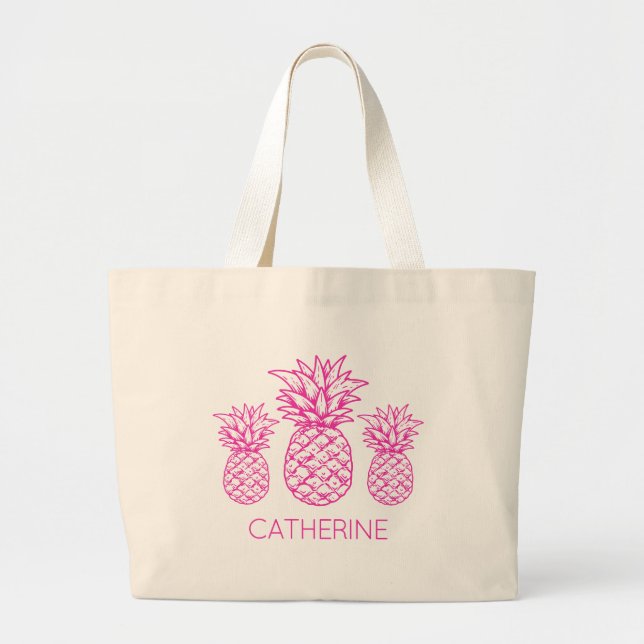 Preppy Pink Tropical Pineapple Personalised Large Tote Bag (Front)