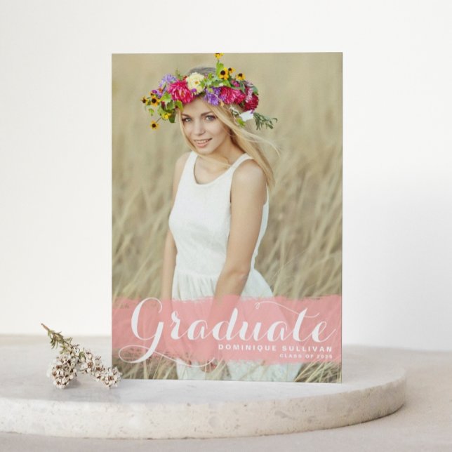 Preppy Pink Watercolor Overlay Photo Graduation Announcement Postcard (Creator Uploaded)