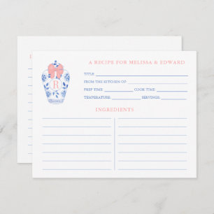 Preppy Pink White Blue Monogram Shower Recipe Card