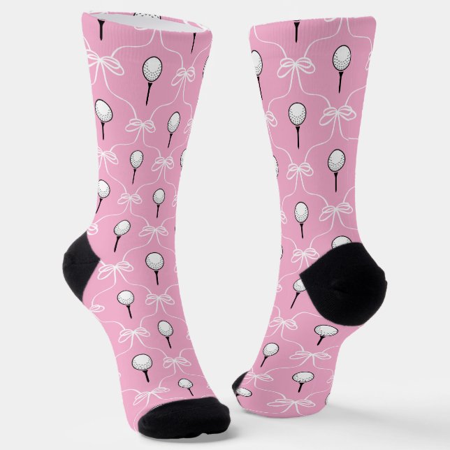 Preppy Pink White Bow Golf Ball Pattern Socks (Angled)