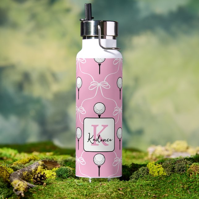 Preppy Pink White Bow Golf Pattern Monogram  Water Bottle (Outdoor (Rotated))