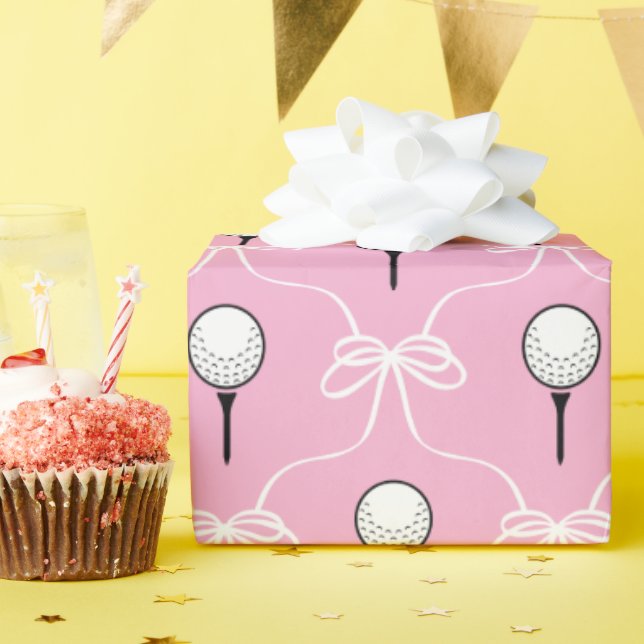 Preppy Pink White Bow Golf Pattern Wrapping Paper (Birthday Party)