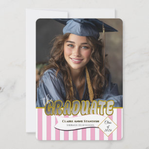 Preppy Pink White Stripes Photo Grad Party Invitation