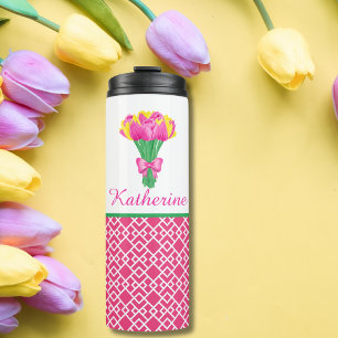 Preppy Pink & Yellow Tulip Bouquet with bow, Name Thermal Tumbler