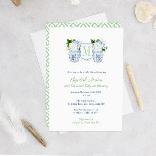 Preppy Pistachio Navy Floral Monogram Baby Shower Invitation