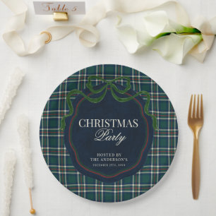 Preppy Plaid Christmas Party Green Navy Tartan Paper Plate
