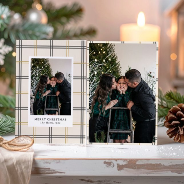 Preppy Plaid Double Stripe Window Christmas Card (Creator Uploaded)