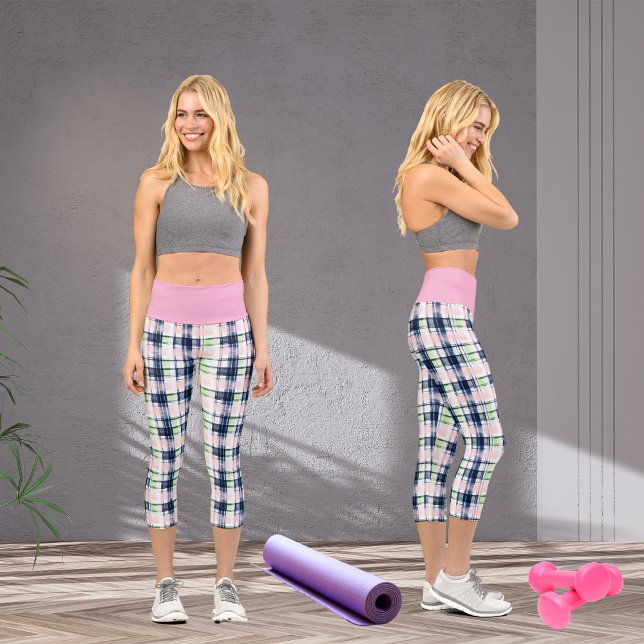 Preppy Plaid Navy Blue Pink Green Brushstroke Capri Leggings (Creator Uploaded)
