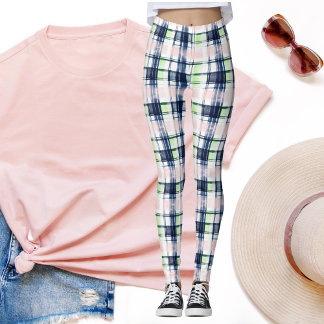 Preppy Plaid Navy Blue Pink Green Brushstroke Leggings