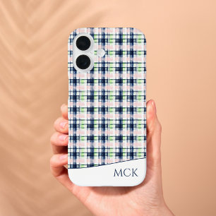 Preppy Plaid Navy Blue Pink Green Custom Monogram iPhone 16 Case