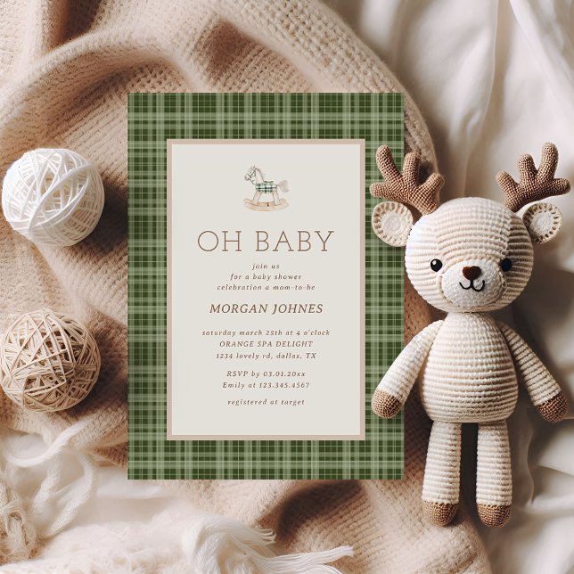 Preppy Plaid Rocking Horse Baby Shower Invitation (Creator Uploaded)