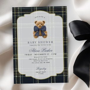 Preppy plaid tartan polo bear boy baby shower invitation