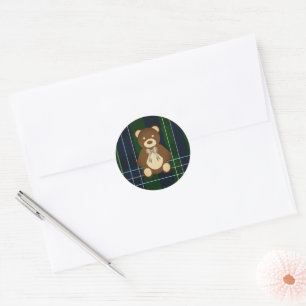 Preppy Plaid Teddy Bear Baby Shower Classic Round Sticker
