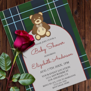 Preppy Plaid Teddy Bear Baby Shower Invitation