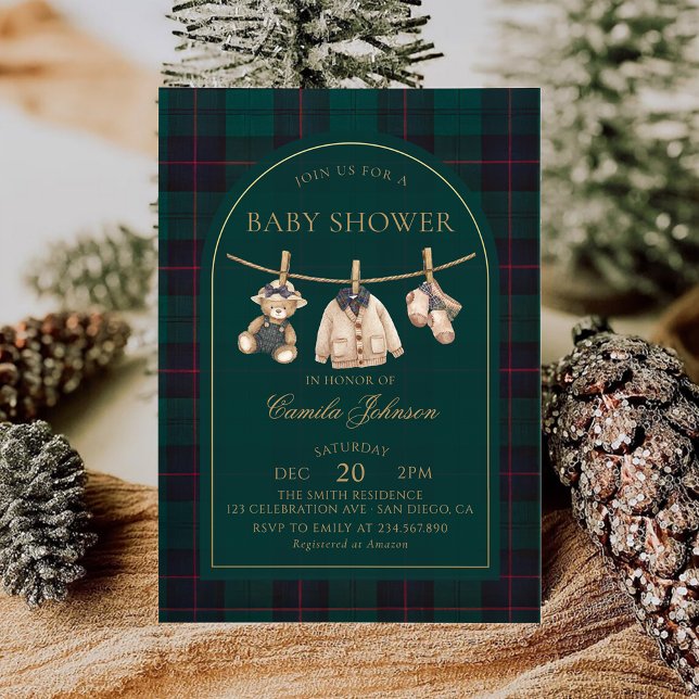 Preppy Plaid Teddy Bear Baby Shower Invitation (Creator Uploaded)