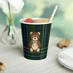 Preppy Plaid Teddy Bear Baby Shower Paper Cups
