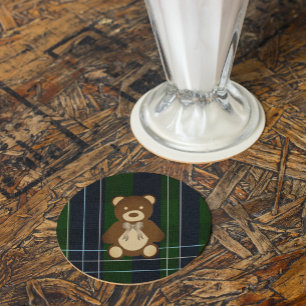 Preppy Plaid Teddy Bear Baby Shower Round Paper Coaster