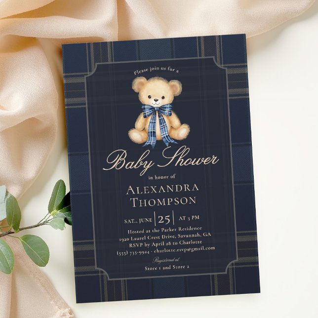 Preppy Plaid Teddy Bear Bow Blue Boy Baby Shower Invitation (preppy baby shower invitation teddy bear blue plaid bow elegant country club modern classic)