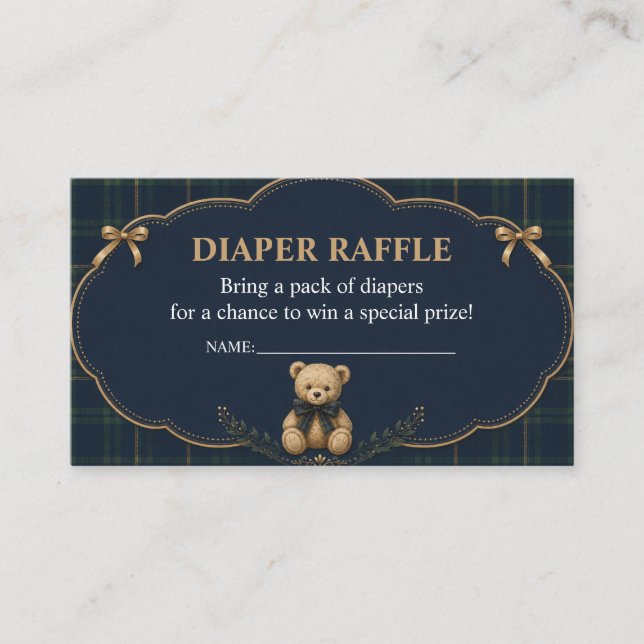 Preppy Plaid Teddy Bear Diaper Raffle Card (Front)