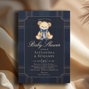 Preppy Plaid Teddy Bow Blue Coed Boy Baby Shower Invitation