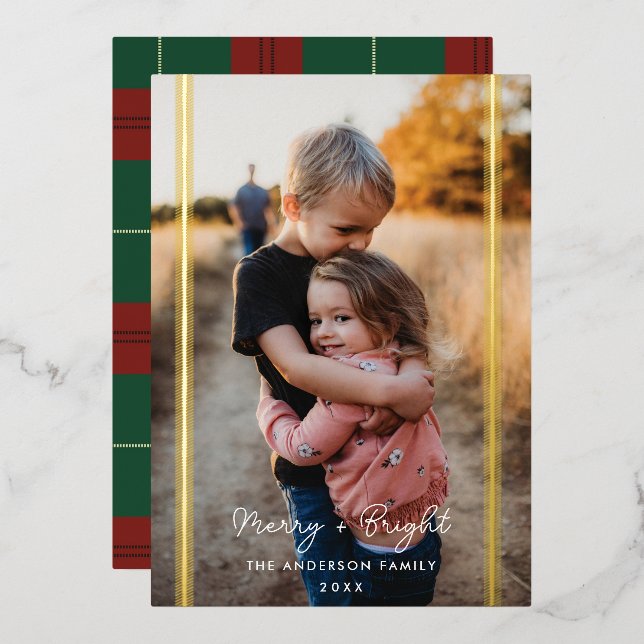 Preppy Plaid Two Photo Vertical Foil Holiday Card (Front/Back)