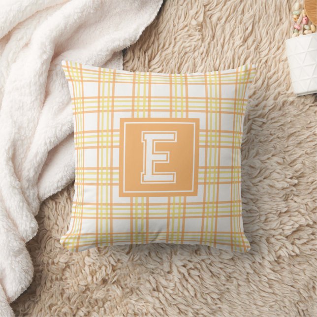 Preppy Plaid Varsity Monogram Orange Yellow  Cushion (Blanket)