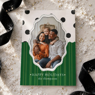 Preppy Polka Dot and Stripe Happy Holidays Photo Holiday Card