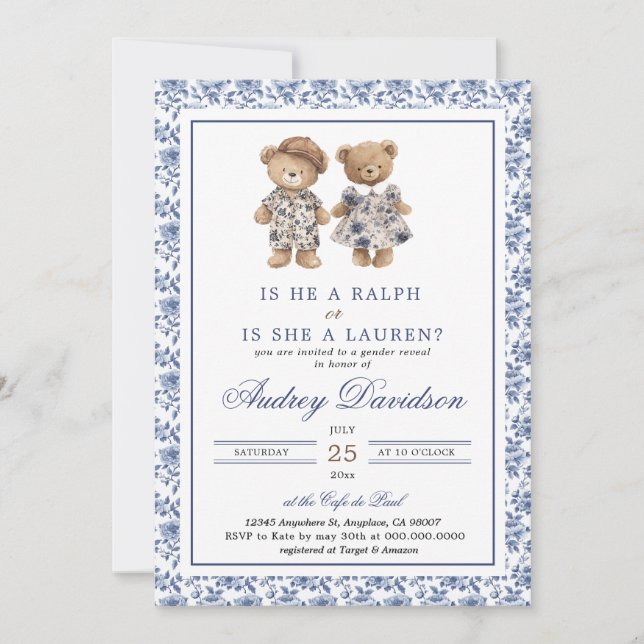 Preppy Polo Bear Chinoiserie Floral Gender Reveal  Invitation (Front)