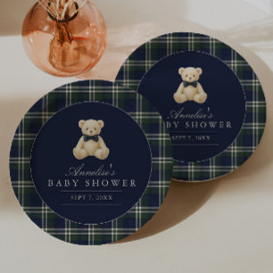 Preppy Polo Tartan Teddy Bear Boy Baby Shower Paper Plate