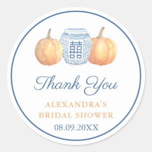 Preppy Pumpkin Blue And White Bridal Shower Favour Classic Round Sticker