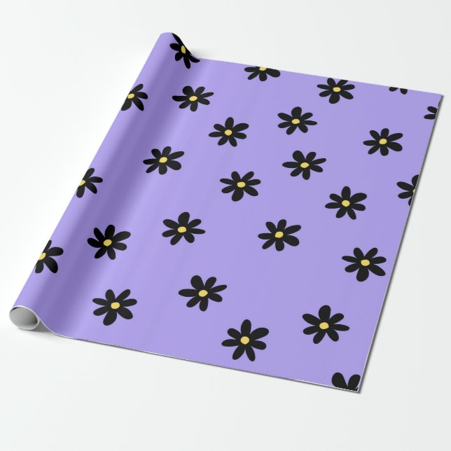 Preppy Purple Black Floral Simple Flower Pattern Wrapping Paper (Unrolled)