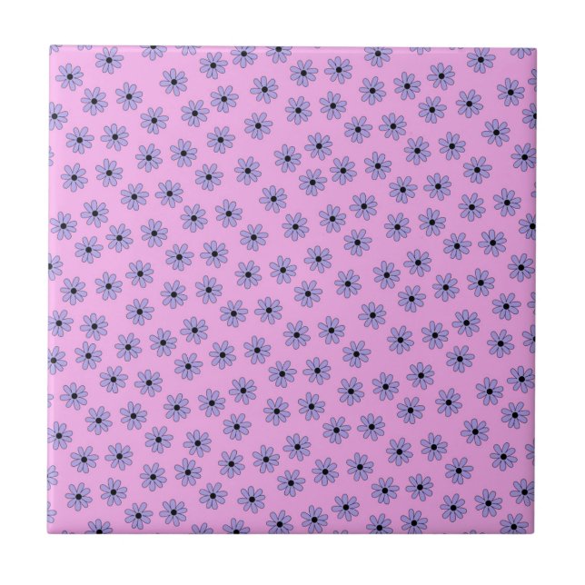 Preppy Purple Blue Hippie Flower Pattern Ceramic Tile (Front)