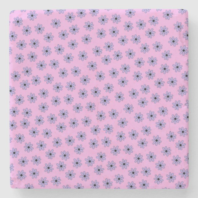 Preppy Purple Blue Hippie Flower Pattern Stone Coaster (Front)