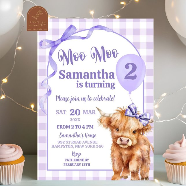 Preppy Purple Moo Moo Holy Cow 2nd Birthday Invitation (Creator Uploaded)